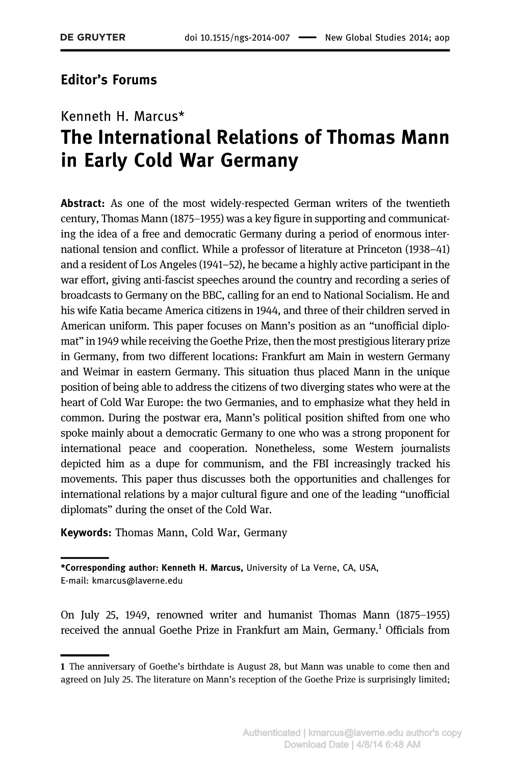 The International Relations of Thomas Mann in Early Cold War Germany