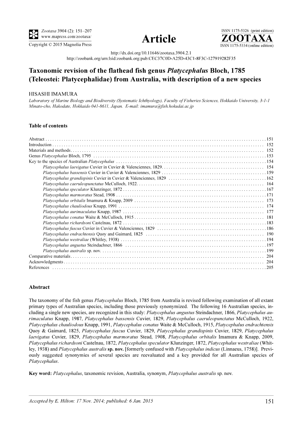 Taxonomic Revision of the Flathead Fish Genus Platycephalus Bloch, 1785 (Teleostei: Platycephalidae) from Australia, with Description of a New Species