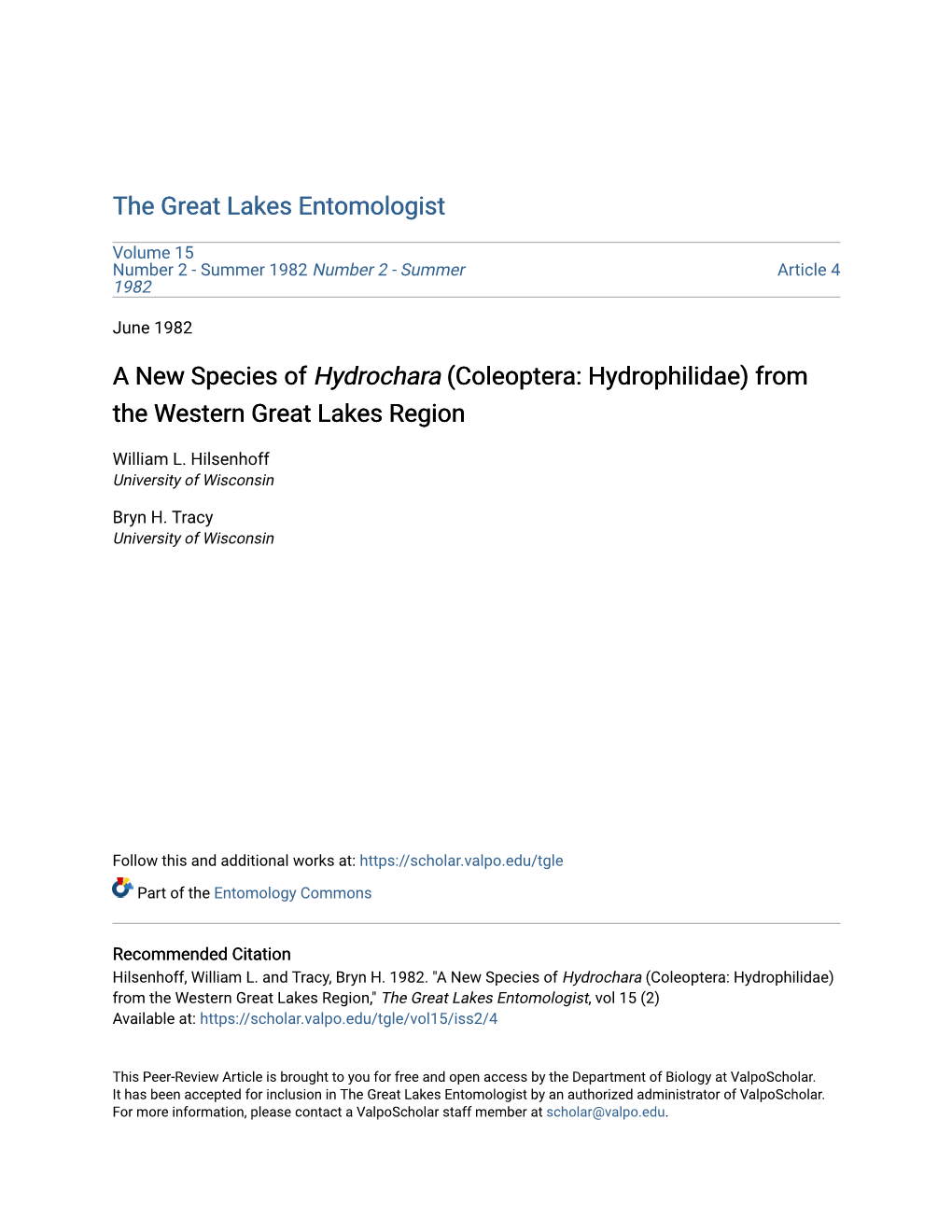 A New Species of Hydrochara (Coleoptera: Hydrophilidae) from the Western Great Lakes Region