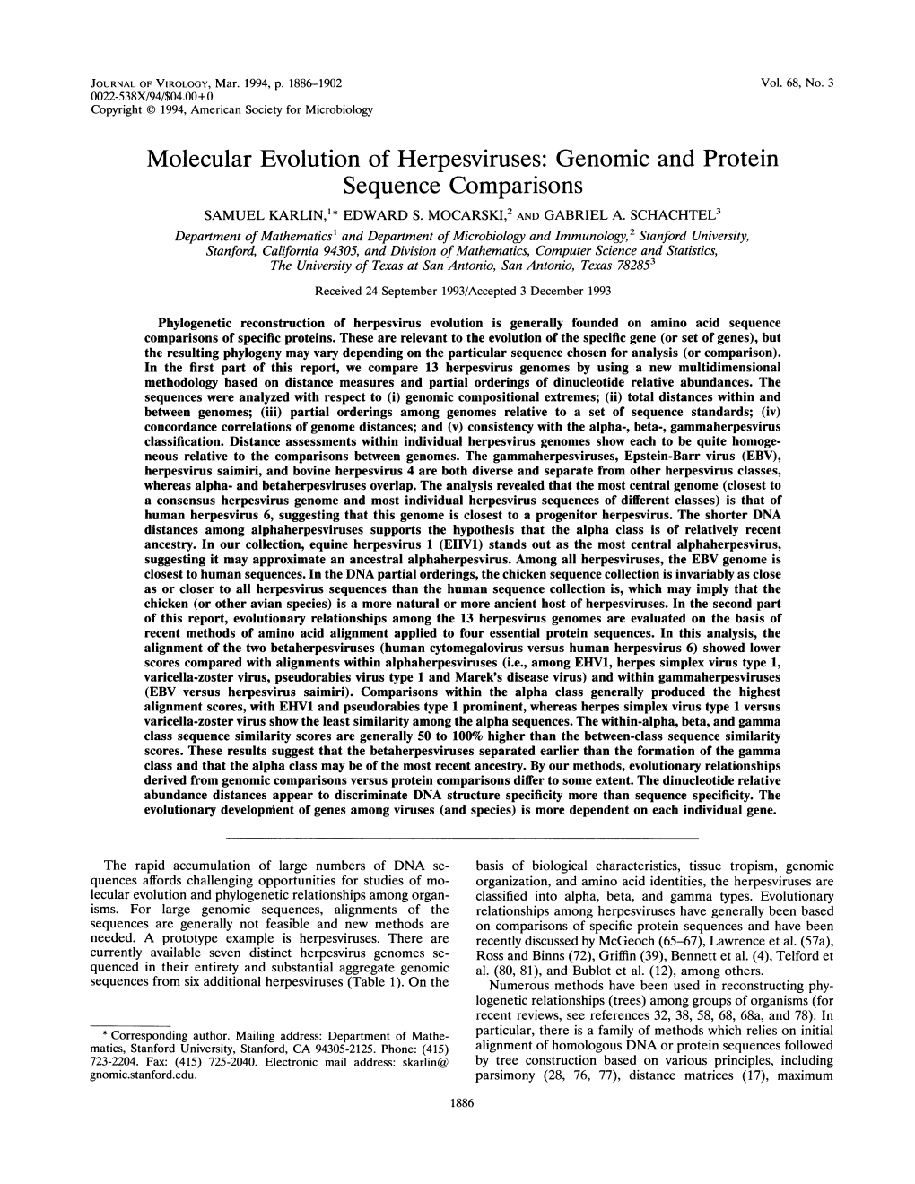 Genomic and Protein Sequence Comparisons SAMUEL KARLIN,'* EDWARD S