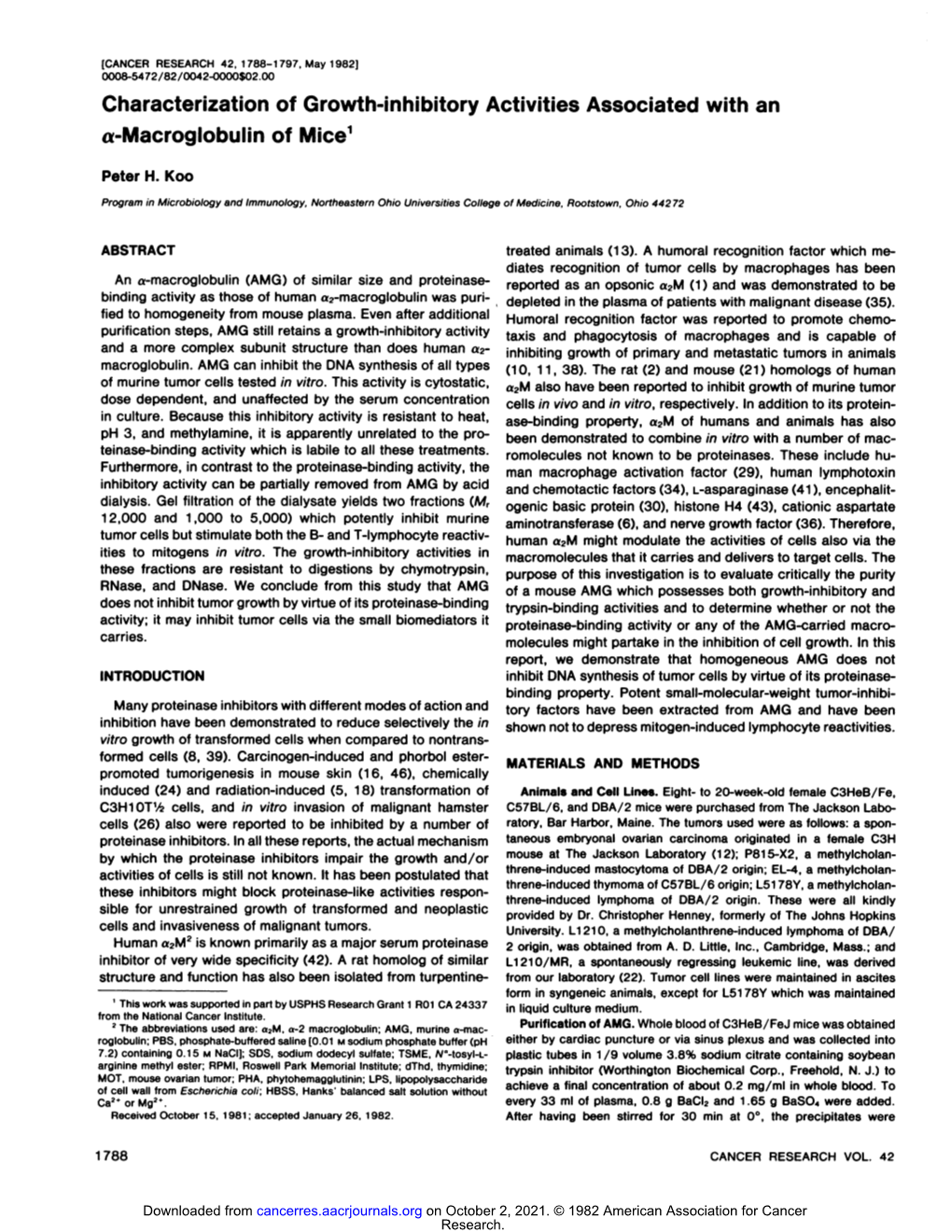 Characterization of Growth-Inhibitory Activities Associated with an A-Macroglobulin of Mice1