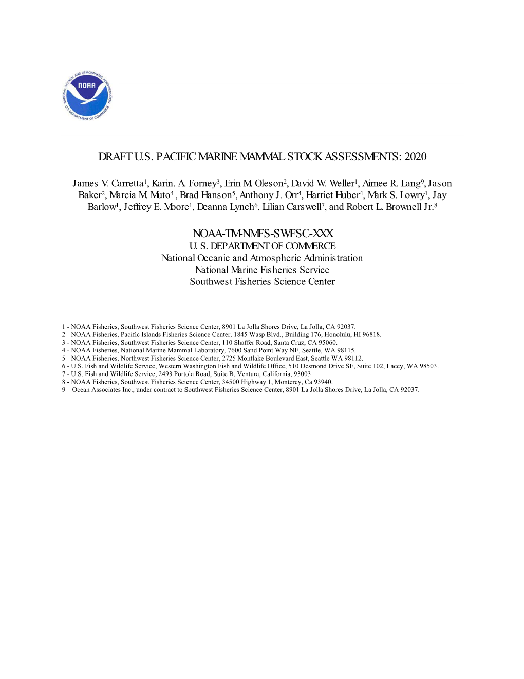 Draft U.S. Pacific Marine Mammal Stock Assessments: 2020