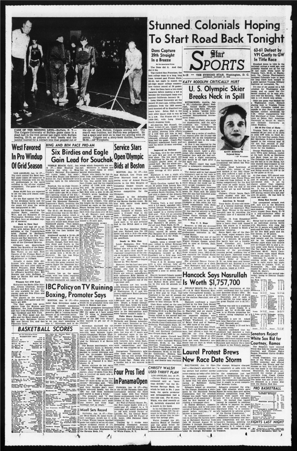 OPORTS , 20 Last Night When Upset by Top-Ranked San Francisco, the Virginia Tech, 63-61, at Blacks- ** Best College Team in a Long, Long A-12 the EVENING STAR