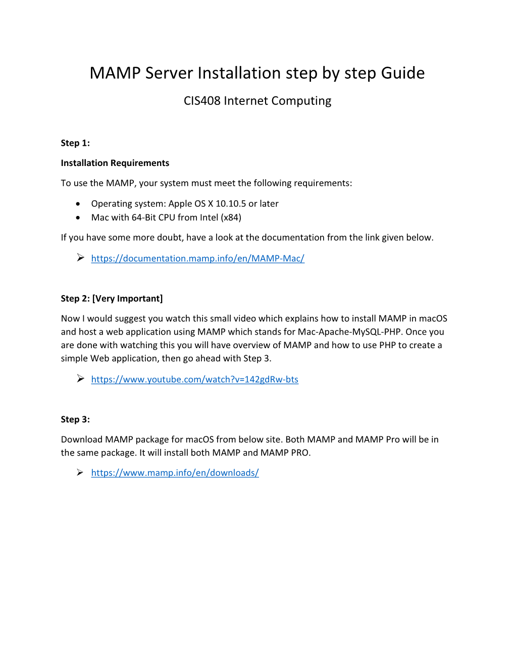 MAMP Server Installation Step by Step Guide CIS408 Internet Computing