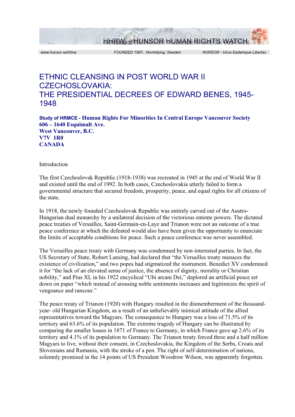 Ethnic Cleansing in Post World War Ii Czechoslovakia: the Presidential Decrees of Edward Benes, 1945- 1948