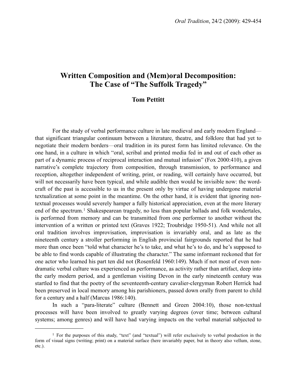 Written Composition and (Mem)Oral Decomposition: the Case of “The Suffolk Tragedy”