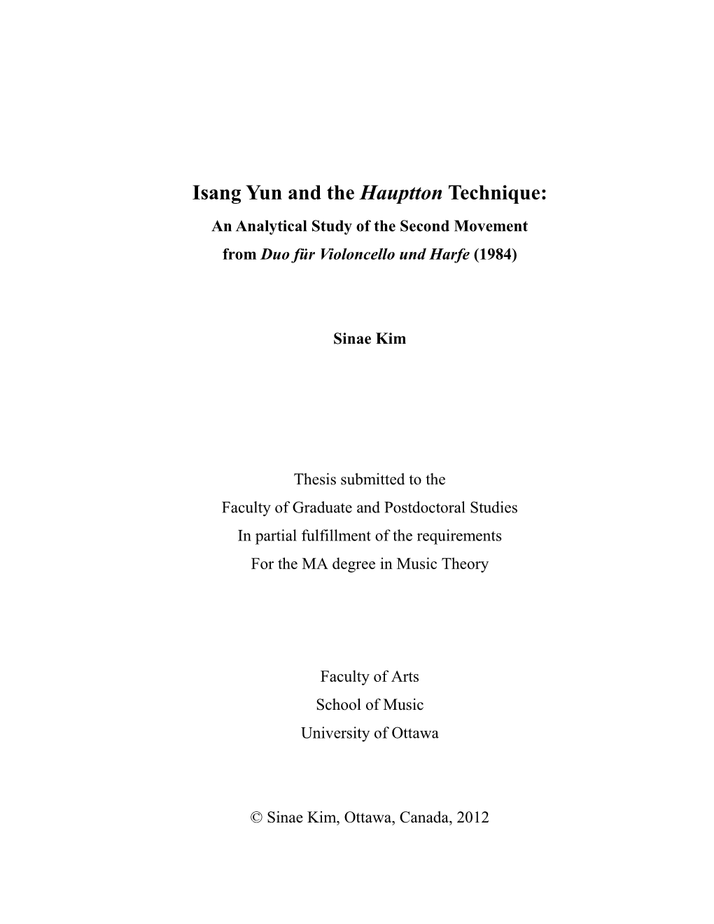 Isang Yun and the Hauptton Technique: an Analytical Study of the Second Movement from Duo Für Violoncello Und Harfe (1984)