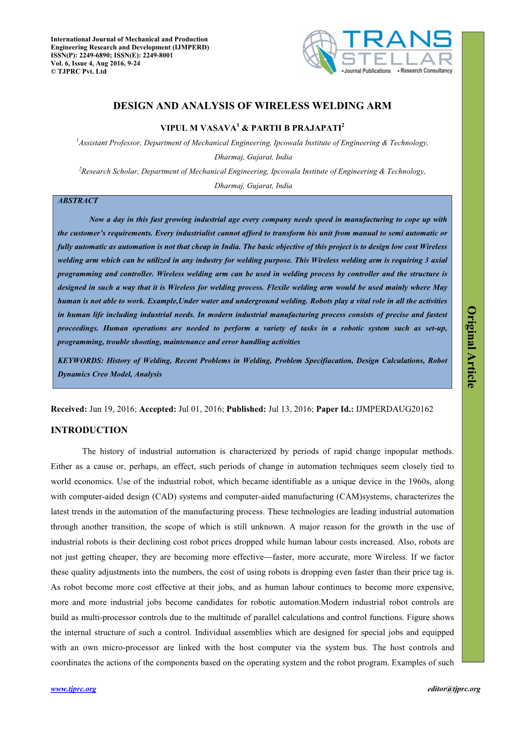 Design and Analysis of Wireless Welding Arm