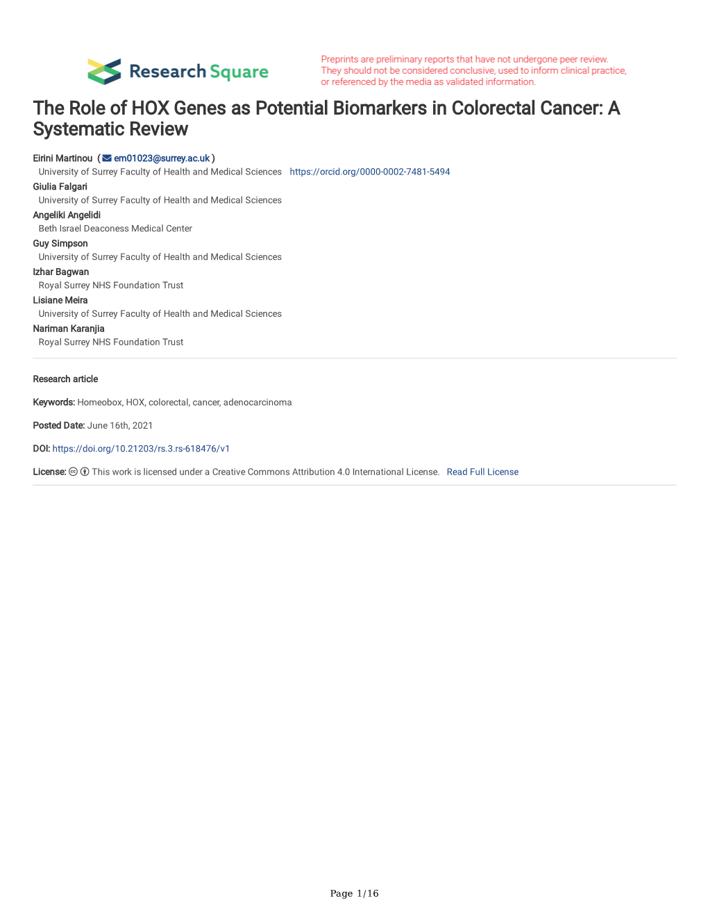 The Role of HOX Genes As Potential Biomarkers in Colorectal Cancer: a Systematic Review