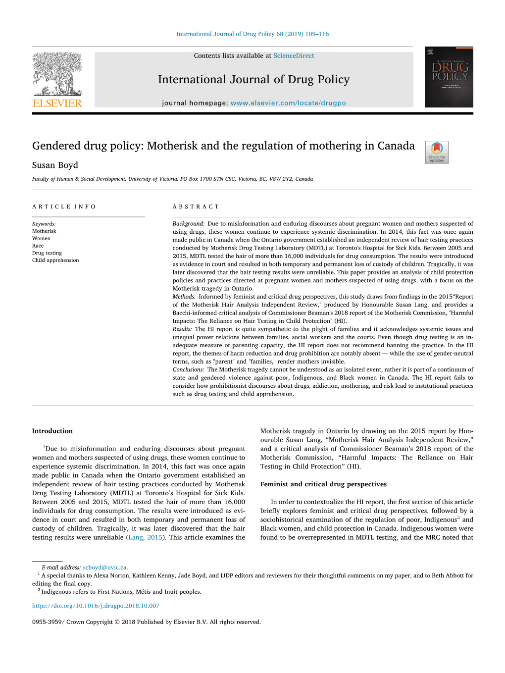 Gendered Drug Policy Motherisk and the Regulation of Mothering in Canada