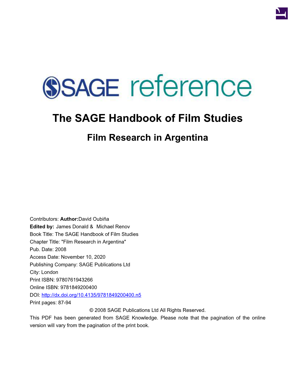 The SAGE Handbook of Film Studies Film Research in Argentina