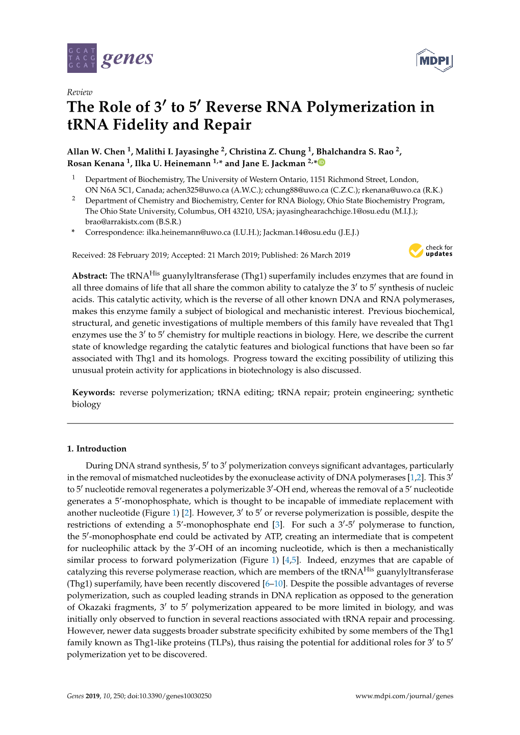 The Role of 3 to 5 Reverse RNA Polymerization in Trna Fidelity and Repair