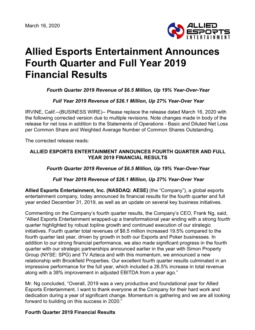 Allied Esports Entertainment Announces Fourth Quarter and Full Year 2019 Financial Results