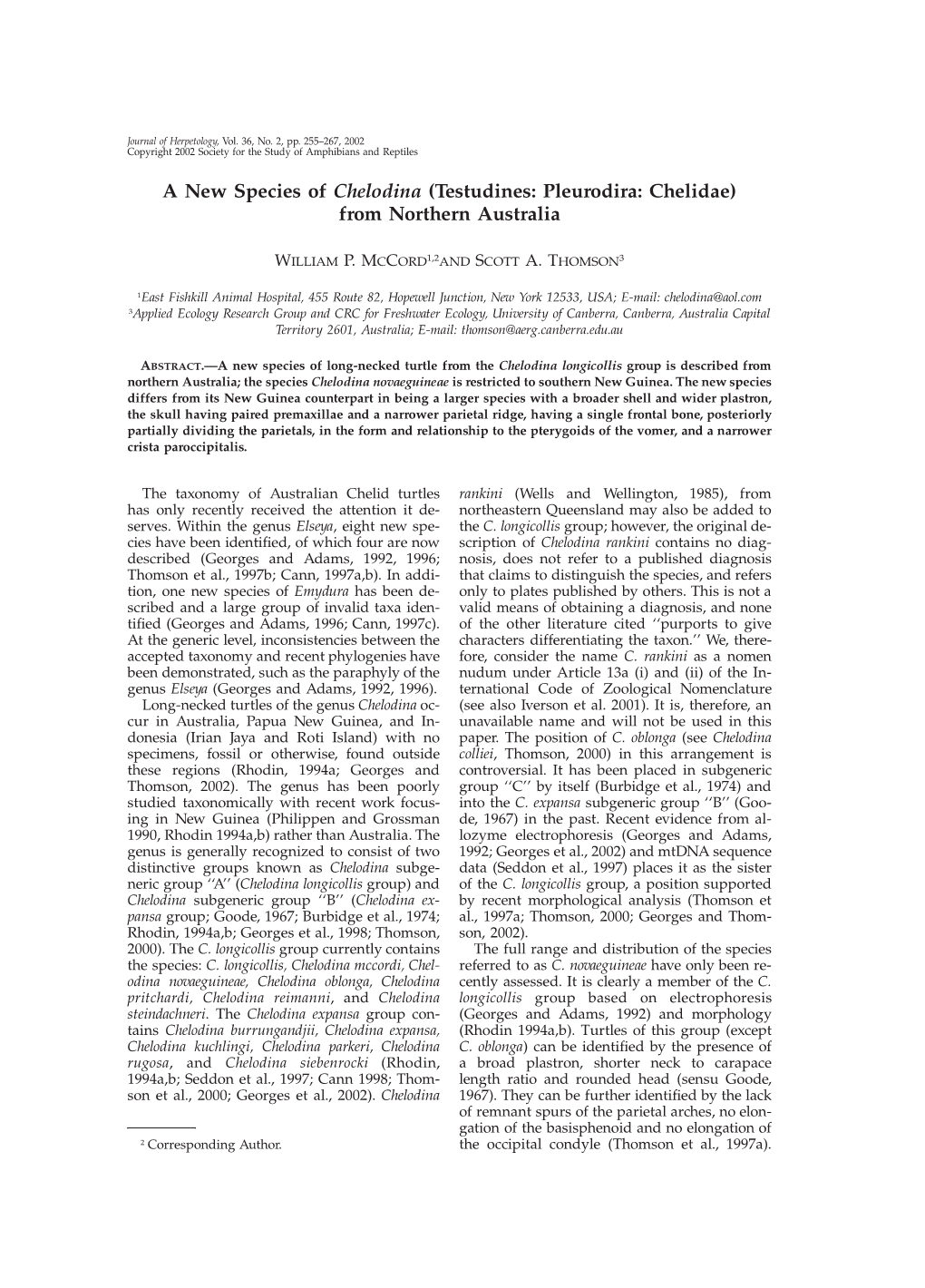 A New Species of Chelodina (Testudines: Pleurodira: Chelidae) from Northern Australia