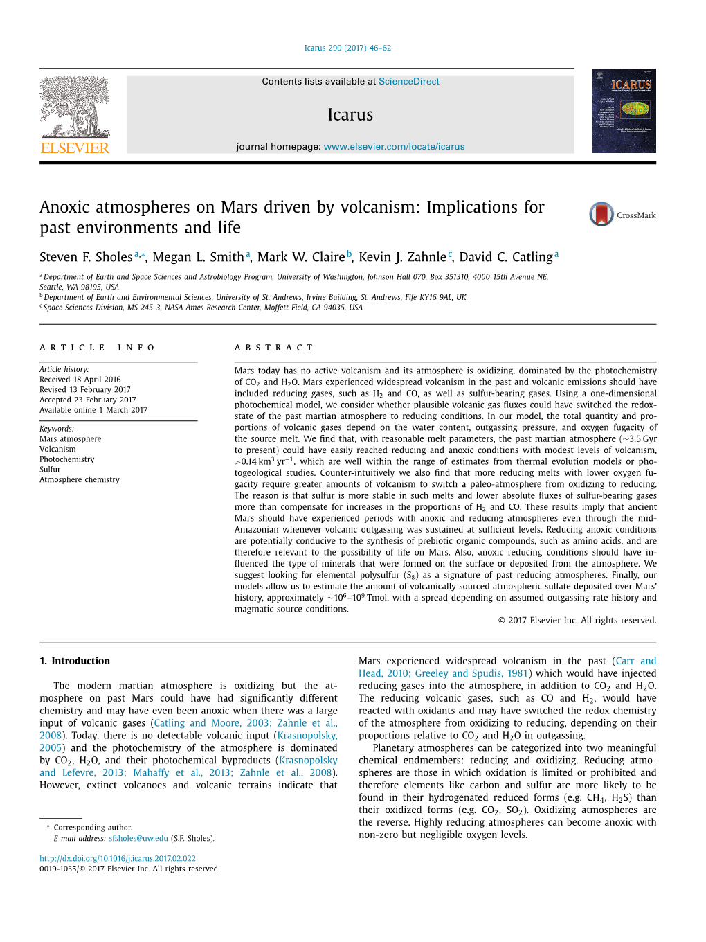 Anoxic Atmospheres on Mars Driven by Volcanism: Implications for Past Environments and Life