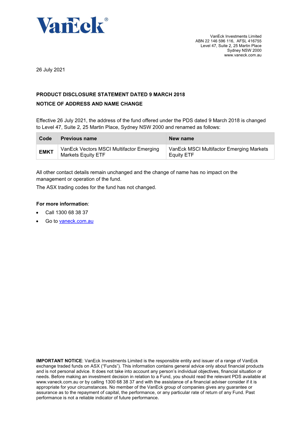 PDS Dated 9 March 2018 Is Changed to Level 47, Suite 2, 25 Martin Place, Sydney NSW 2000 and Renamed As Follows