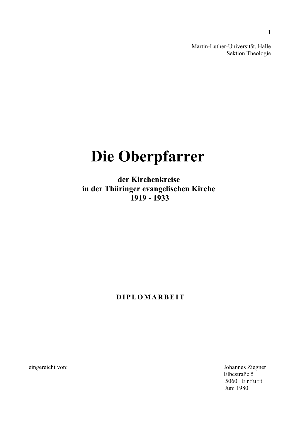 Die Oberpfarrer Der Kirchenkreise in Der Thüringer Evangelischen Kirche 1919 - 933