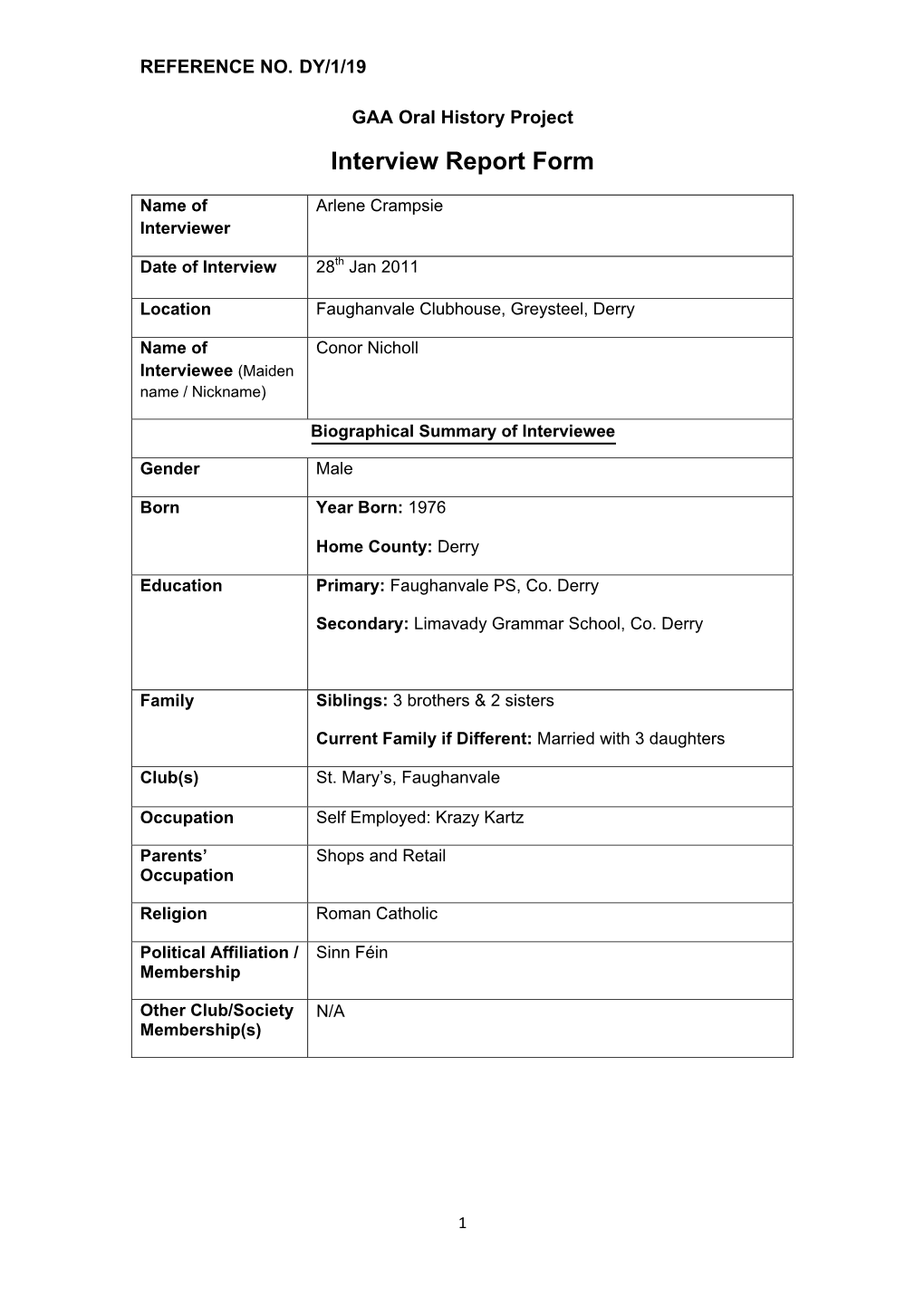 GAA Oral History Project Interview Report Form