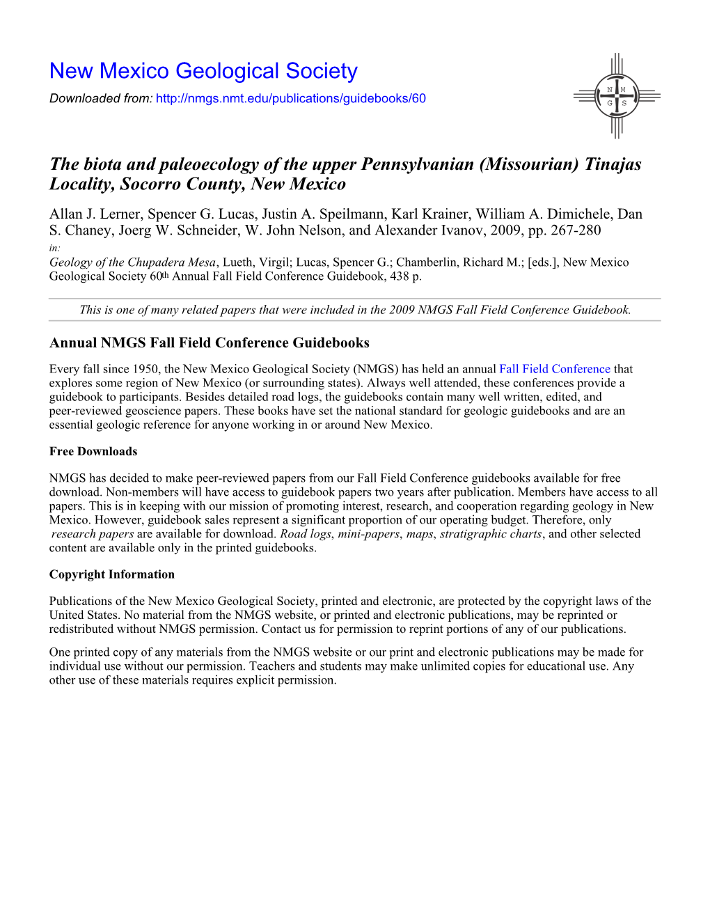 The Biota and Paleoecology of the Upper Pennsylvanian (Missourian) Tinajas Locality, Socorro County, New Mexico Allan J