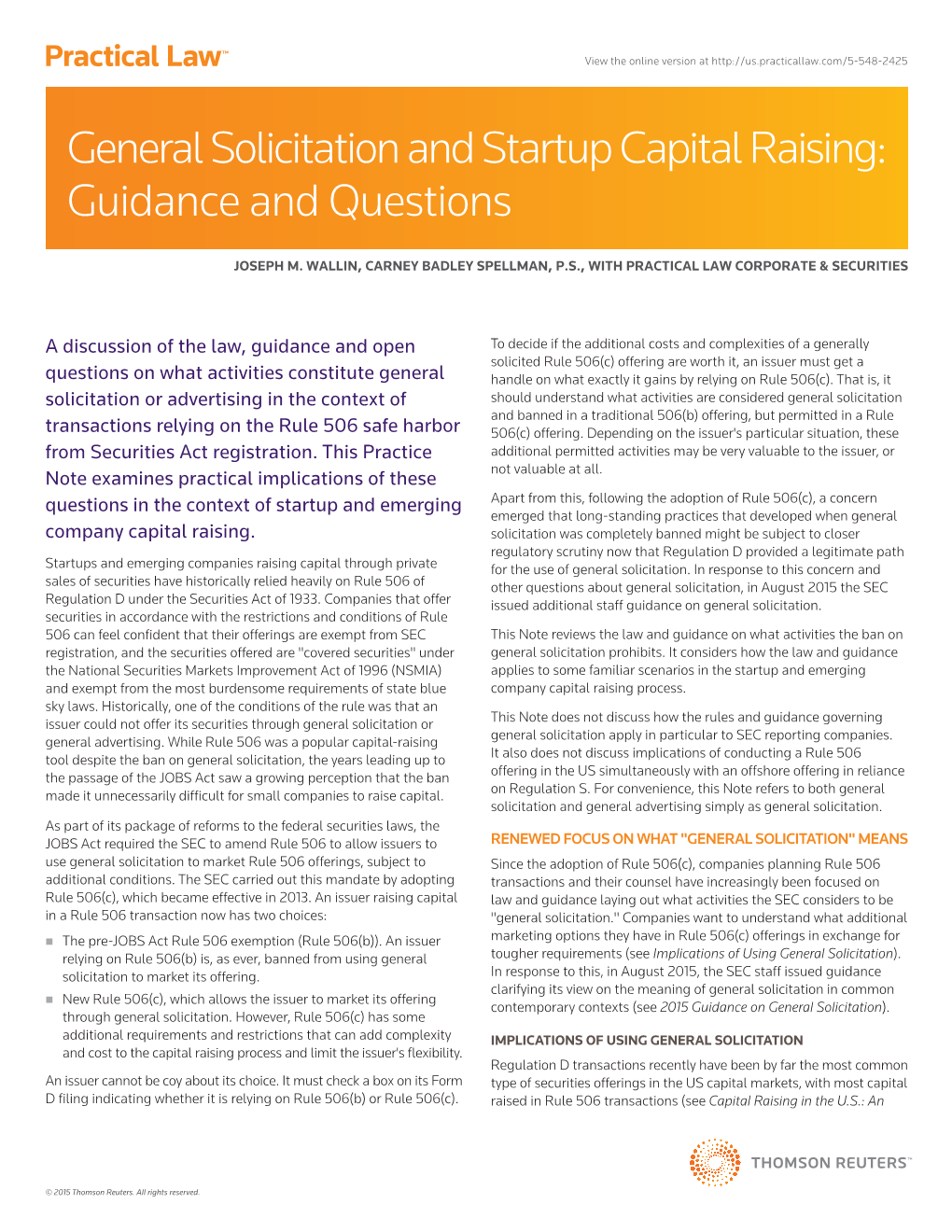 General Solicitation and Startup Capital Raising: Guidance and Questions