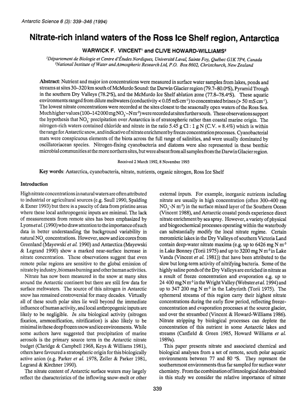 Nitrate-Rich Inland Waters of the Ross Ice Shelf Region, Antarctica