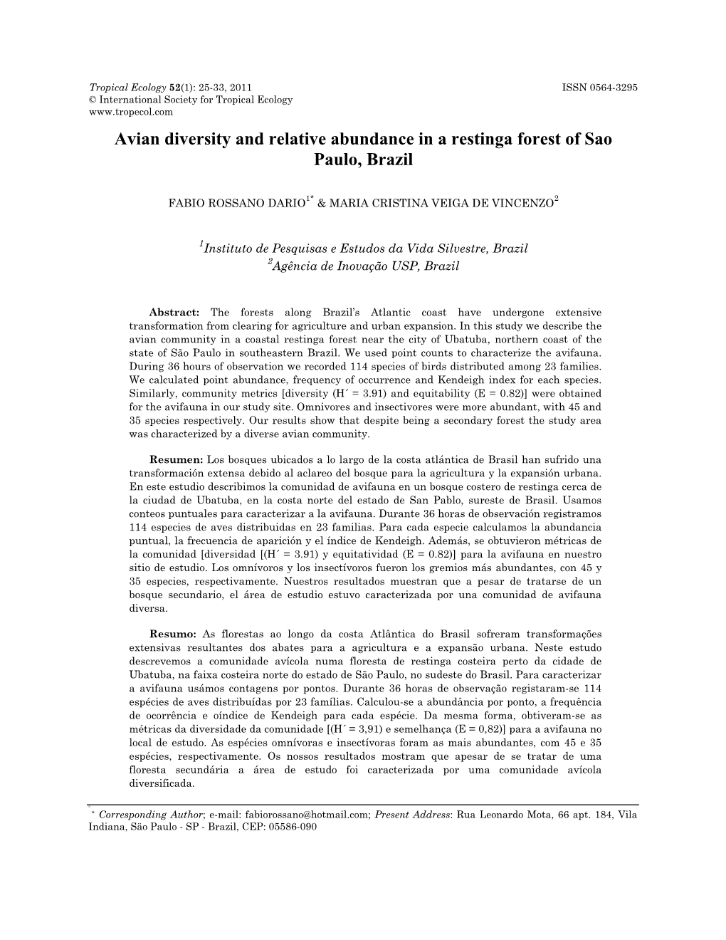 Avian Diversity and Relative Abundance in a Restinga Forest of Sao Paulo, Brazil