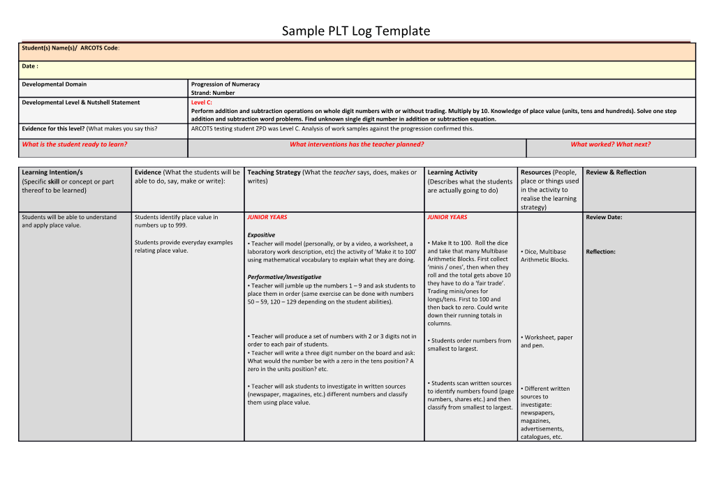 Sample PLT Log - Literacy