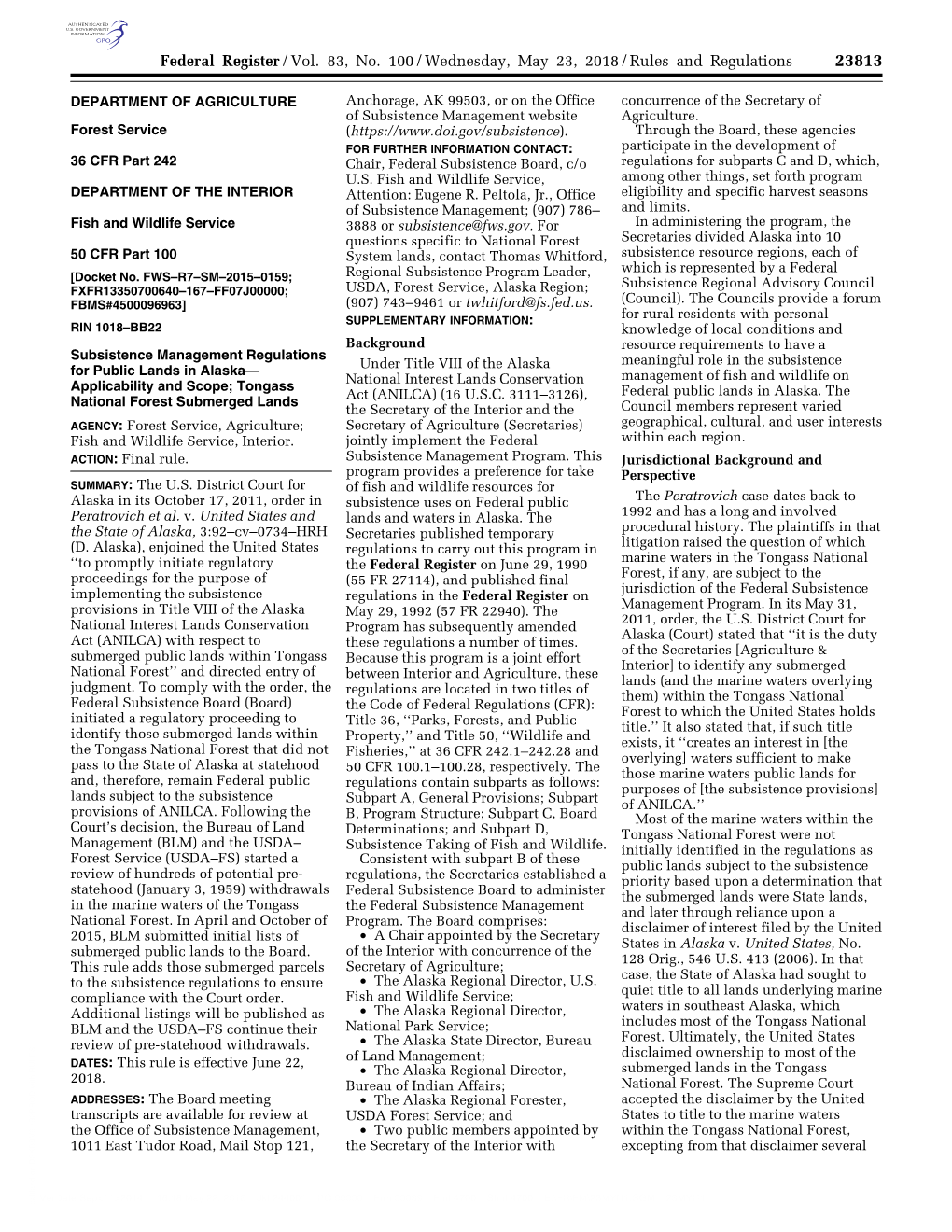 Federal Register/Vol. 83, No. 100/Wednesday, May 23, 2018