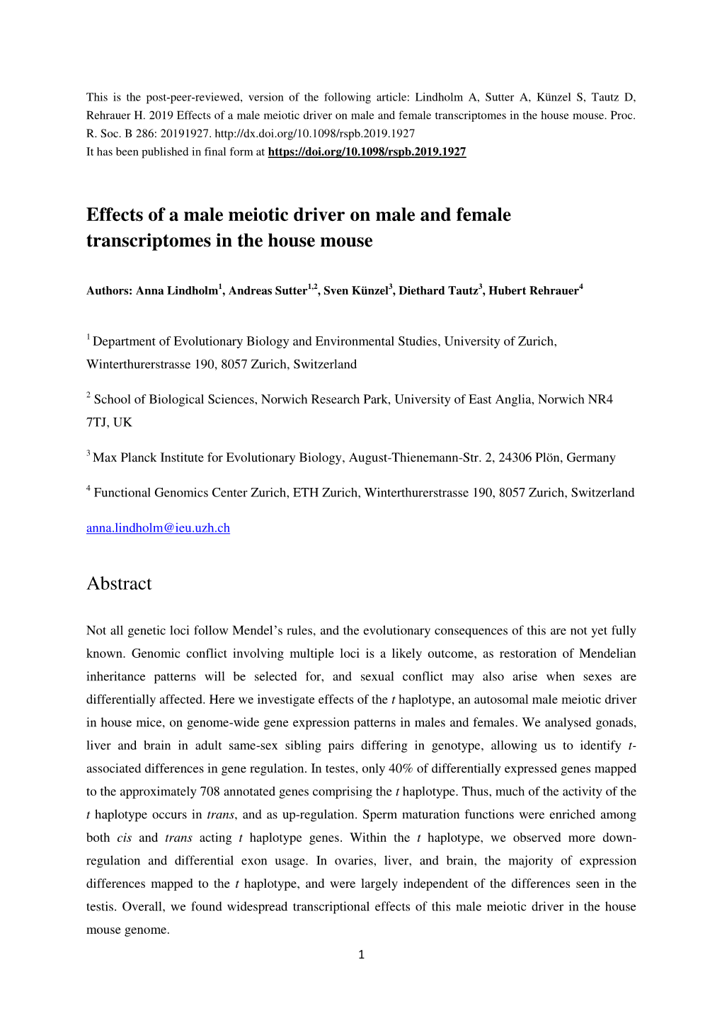 Effects of a Male Meiotic Driver on Male and Female Transcriptomes in the House Mouse Abstract