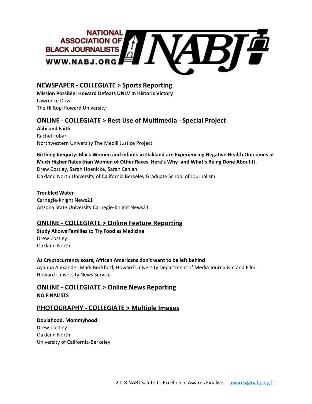 2018 NABJ Salute to Excellence Awards Finalists | Awards@Nabj.Org|1 ​ ​