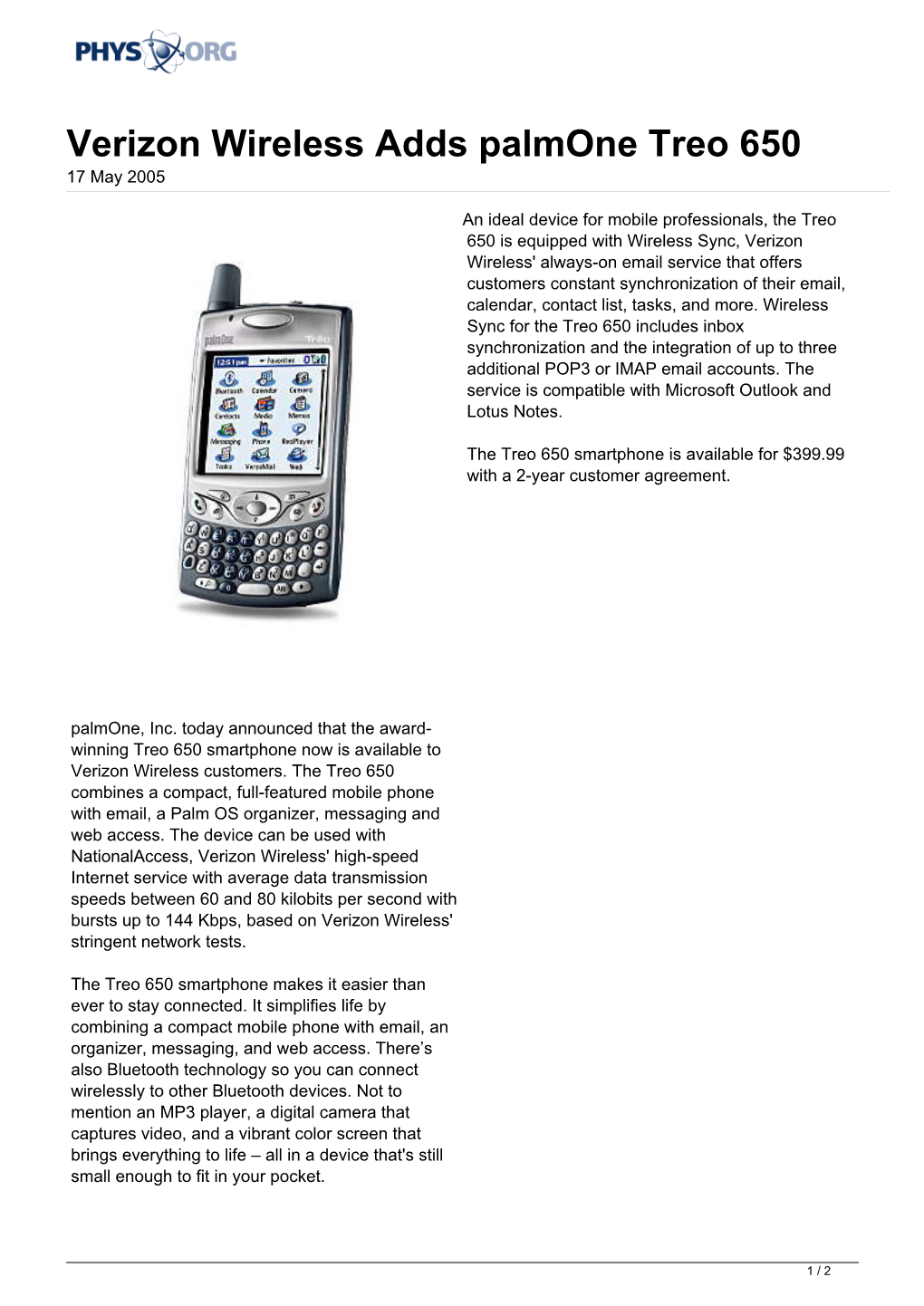 Verizon Wireless Adds Palmone Treo 650 17 May 2005
