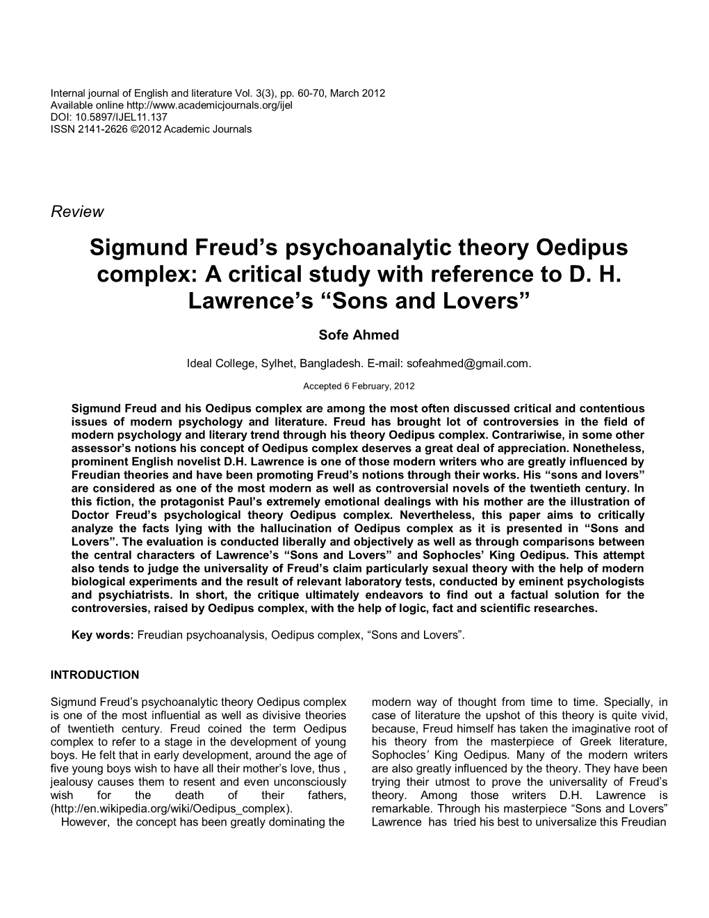 Sigmund Freud's Psychoanalytic Theory Oedipus Complex