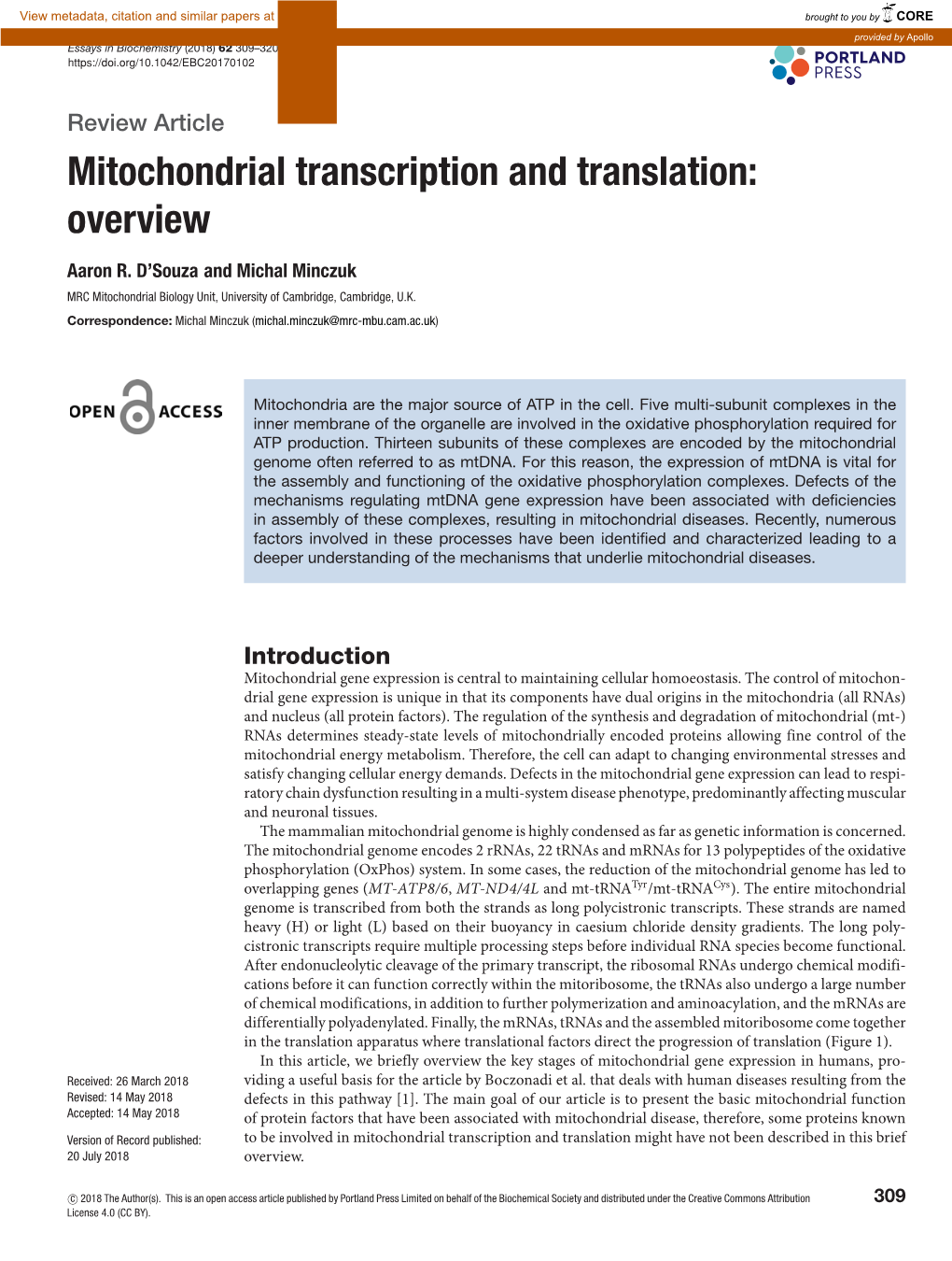 Mitochondrial Transcription and Translation: Overview