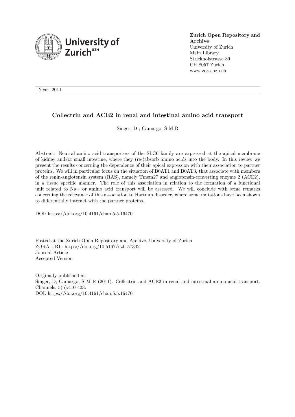 Tmem27 and ACE2 in Renal and Intestinal Amino Acid Transport Dustin Singer1 and Simone M