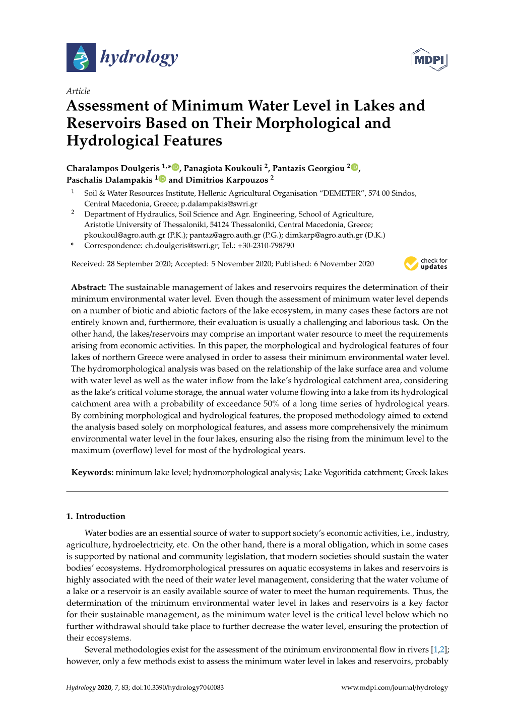 Assessment of Minimum Water Level in Lakes and Reservoirs Based on Their Morphological and Hydrological Features