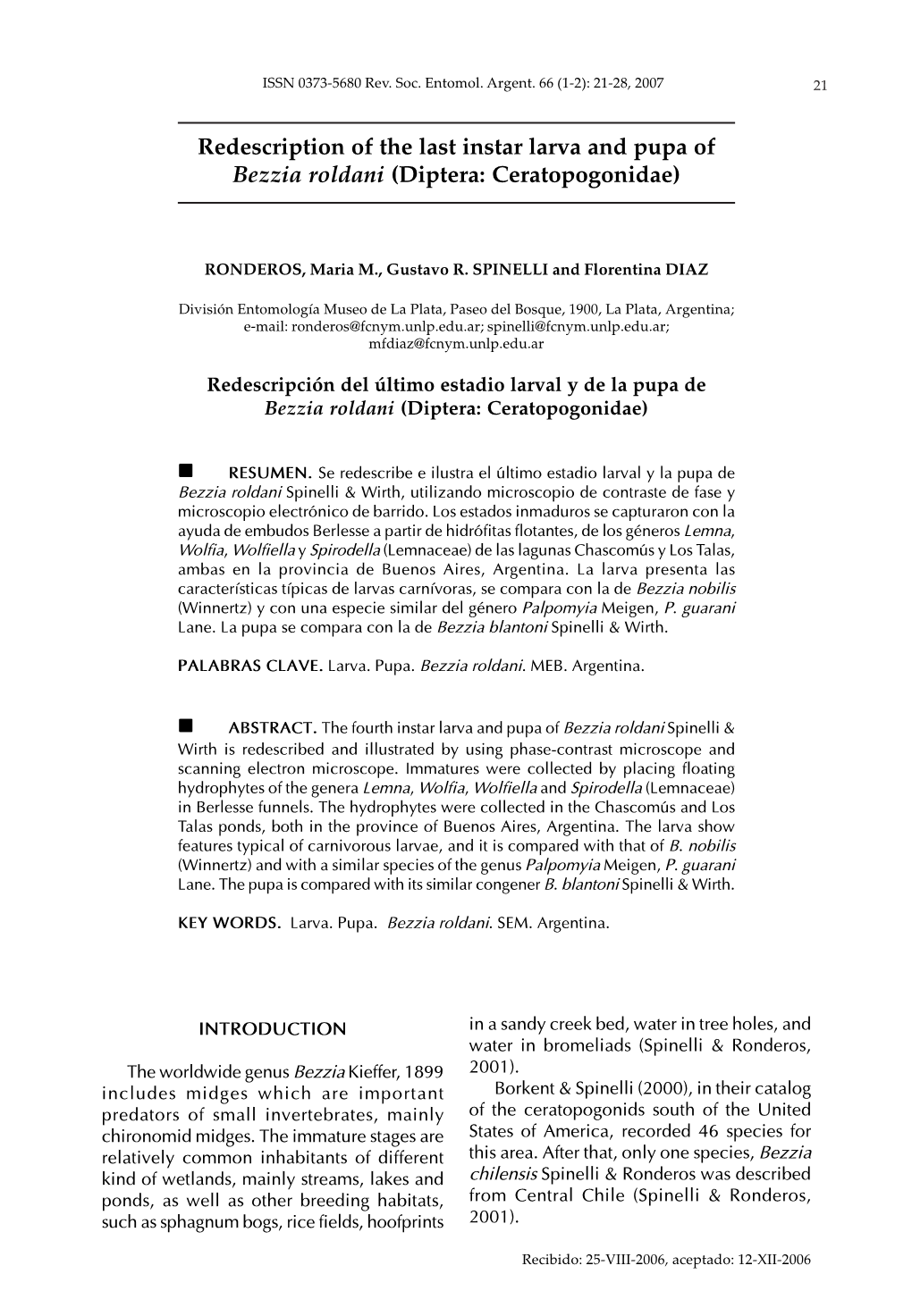 Redescription of the Last Instar Larva and Pupa of Bezzia Roldani (Diptera: Ceratopogonidae)