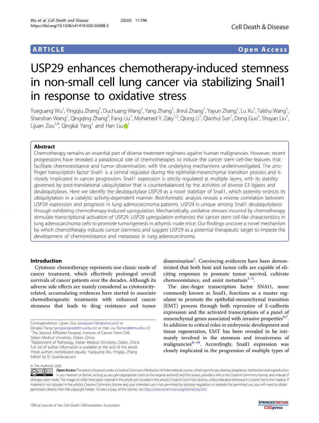 USP29 Enhances Chemotherapy-Induced Stemness In