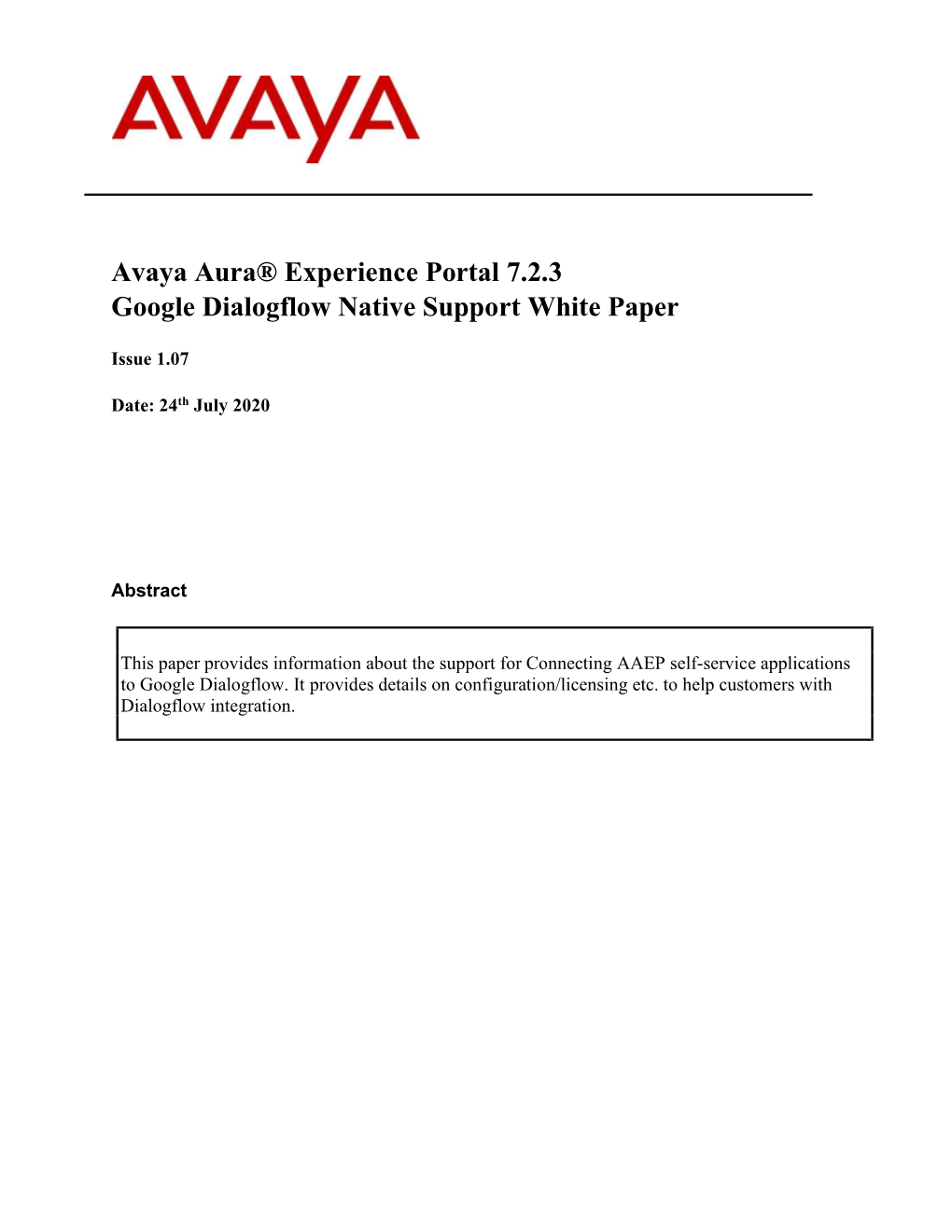 Avaya Aura® Experience Portal 7.2.3 Google Dialogflow Native Support White Paper