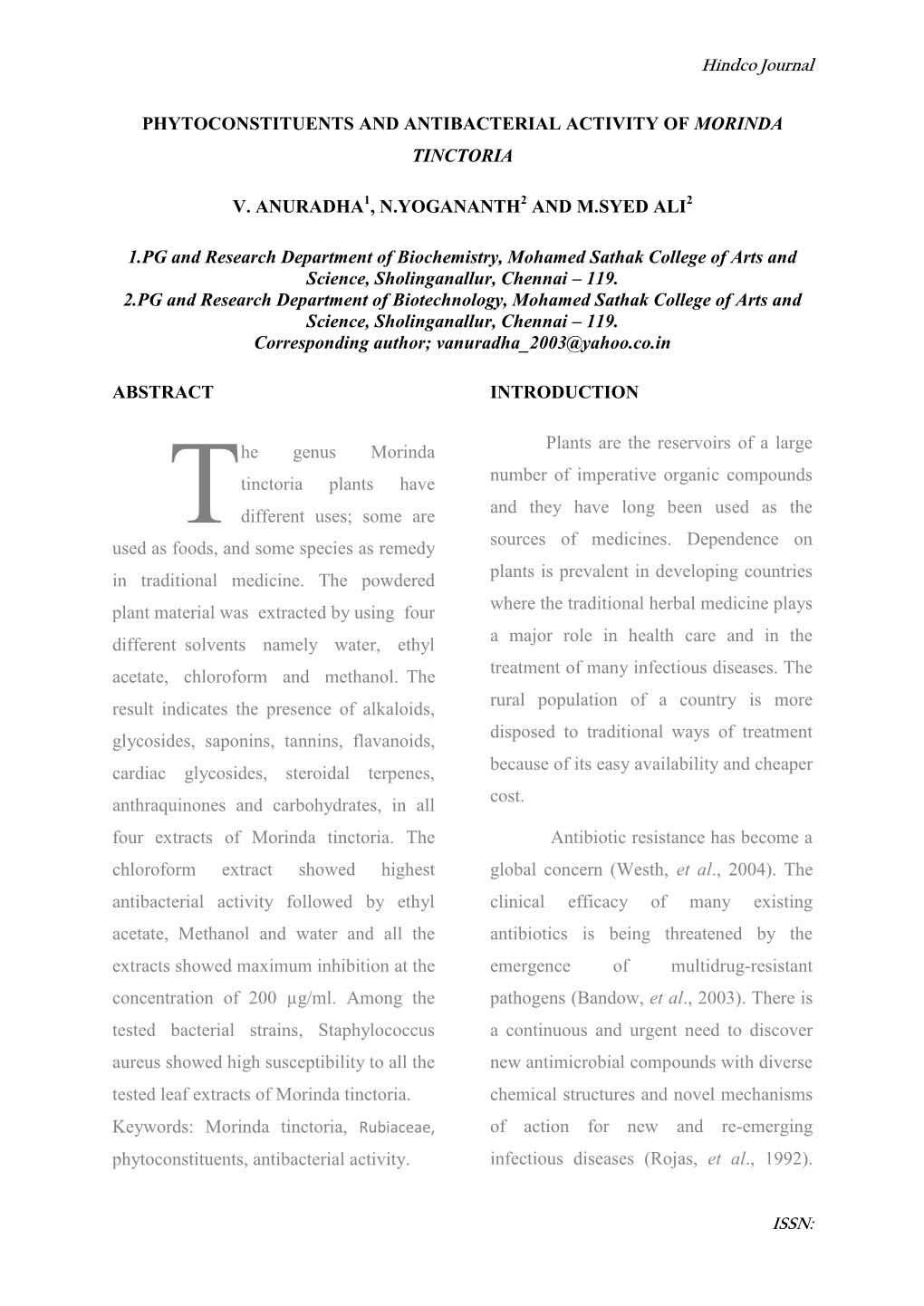 Phytoconstituents and Antibacterial Activity of Morinda Tinctoria