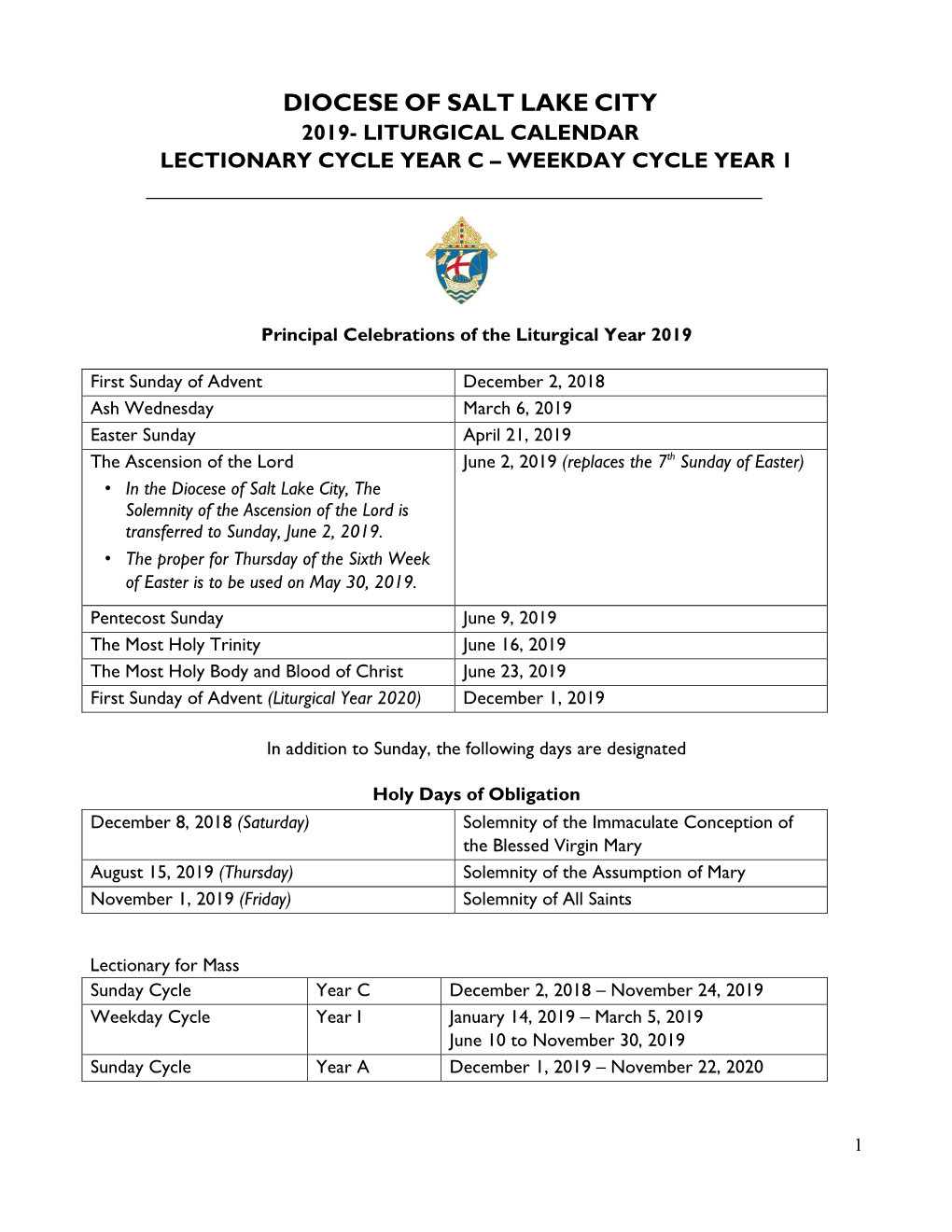 2019- Liturgical Calendar Lectionary Cycle Year C – Weekday Cycle Year 1