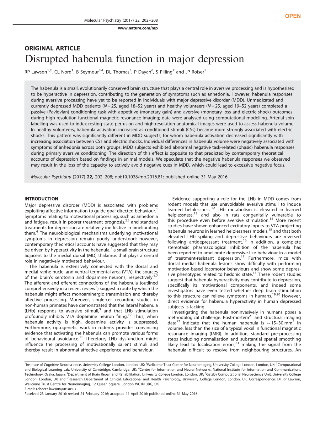 Disrupted Habenula Function in Major Depression