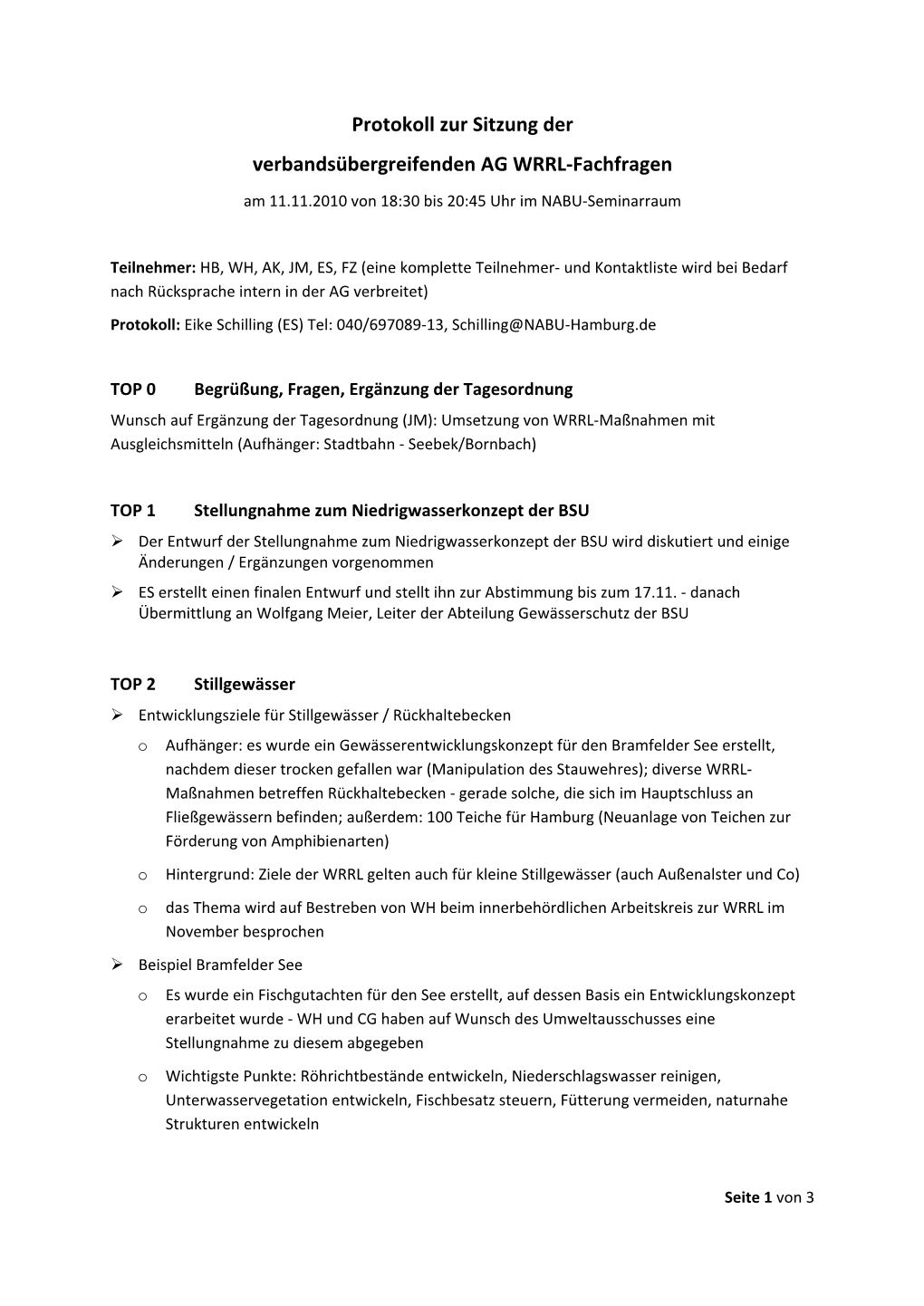 Protokoll Zur Sitzung Der Verbandsübergreifenden AG WRRL‐Fachfragen
