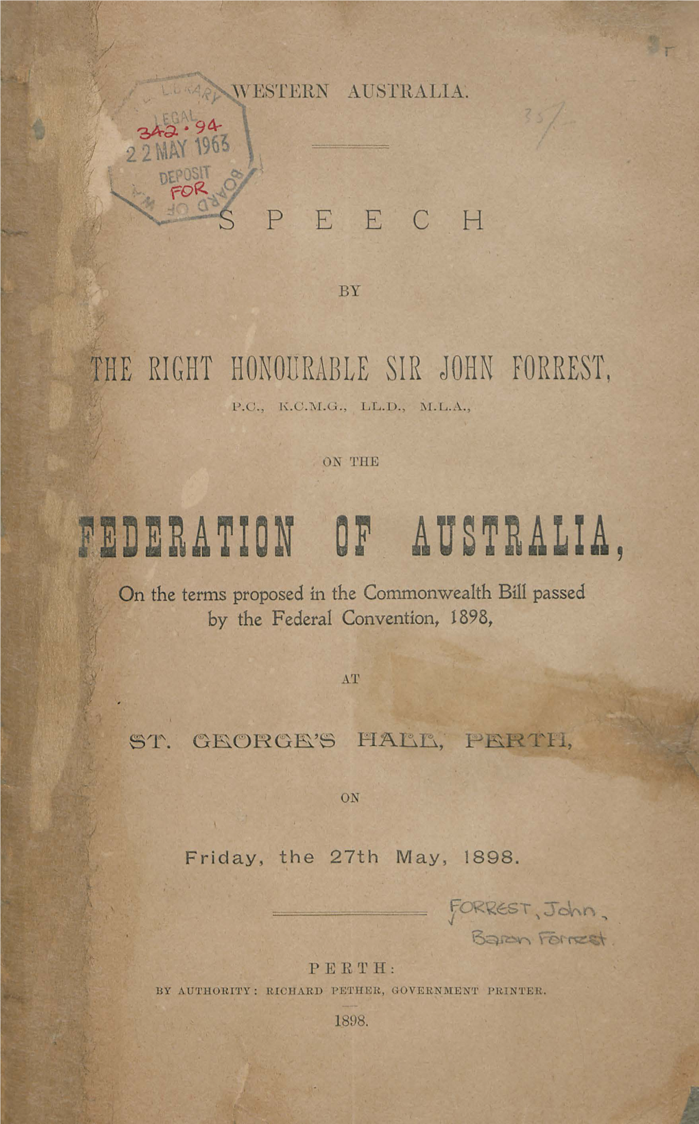 FEDERATION of AUSTBALIA, , on the Terms Proposed in the Commonwealth Bill Passed by the Federal Convention, 1898