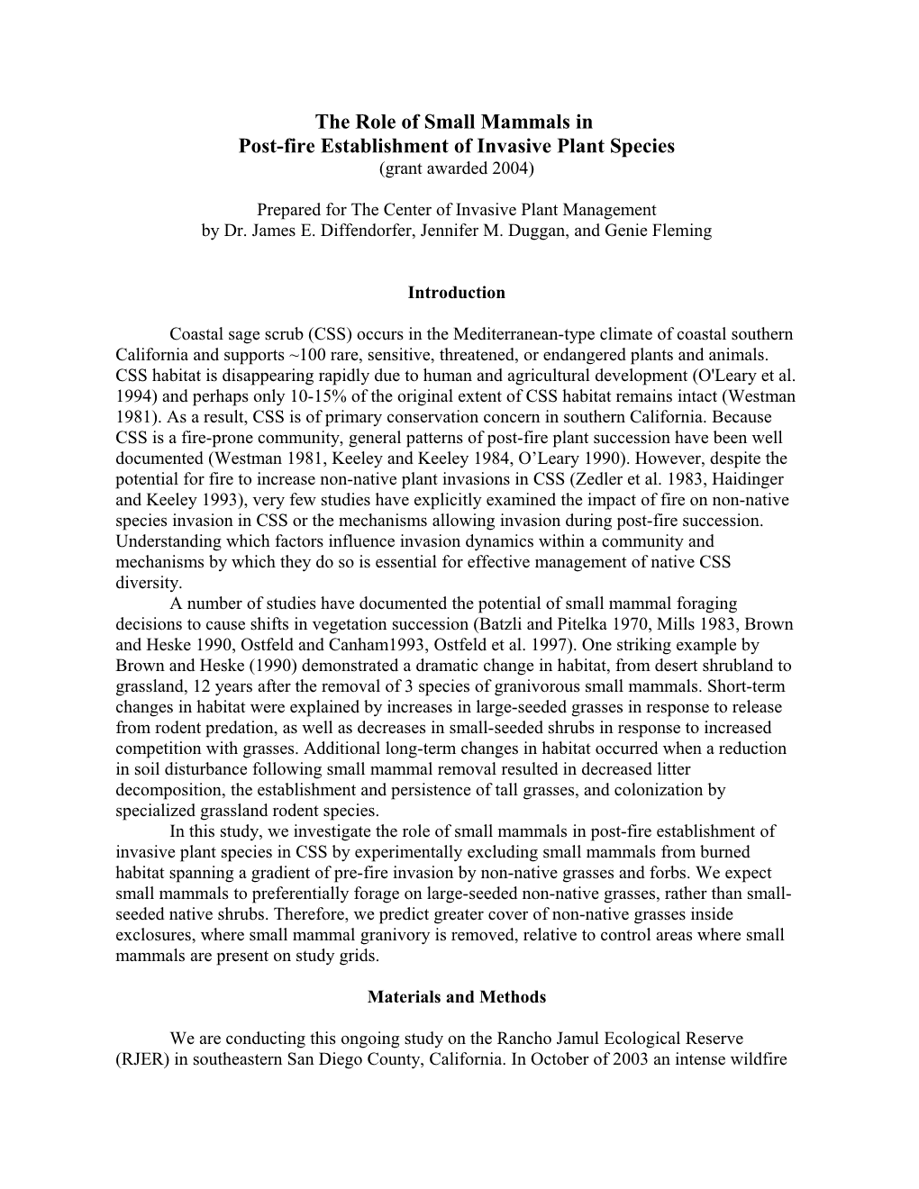 Title- the Role of Small Mammals in Post-Fire Establishment of Invasive Plant Species