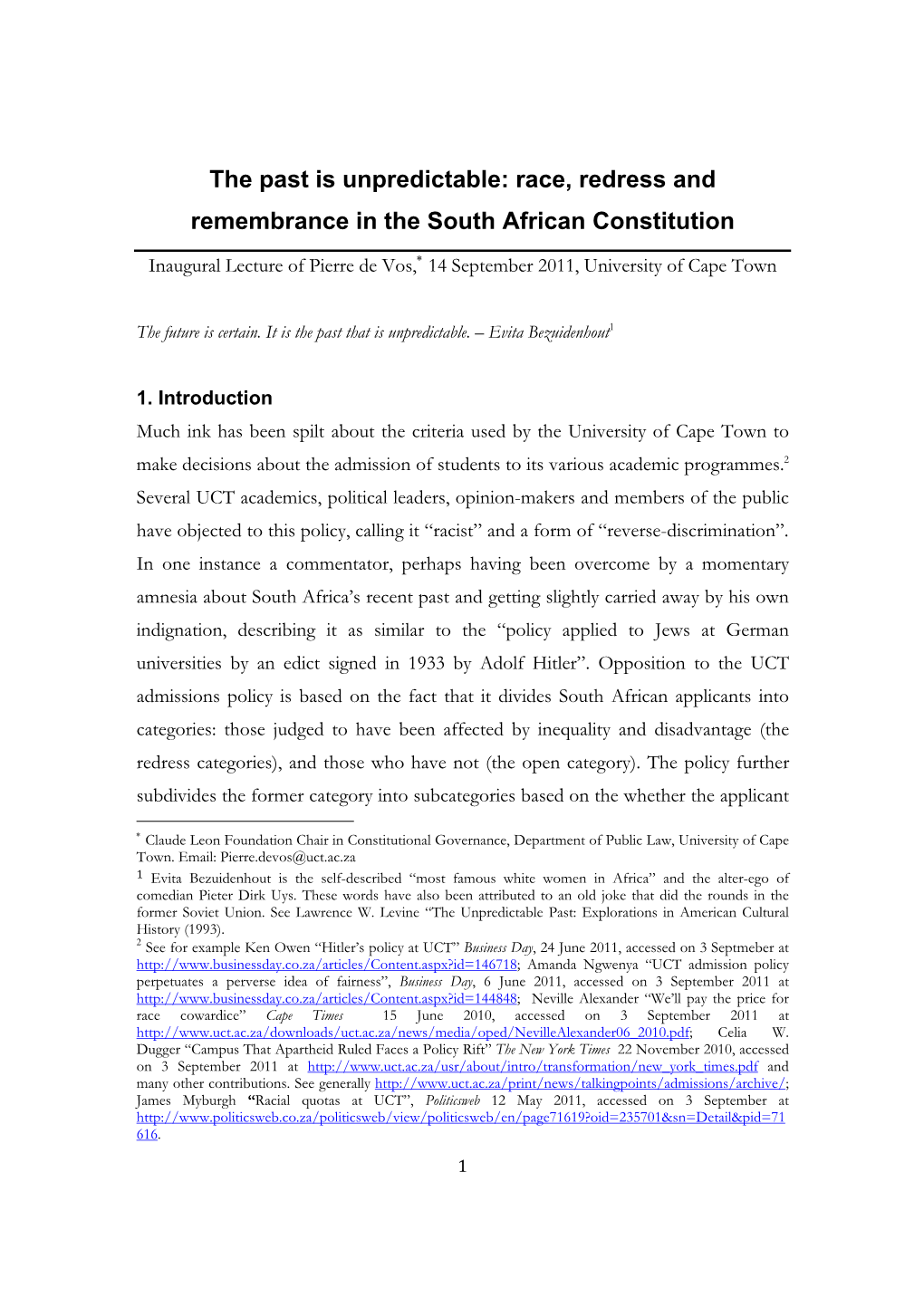 The Past Is Unpredictable: Race, Redress and Remembrance in the South African Constitution