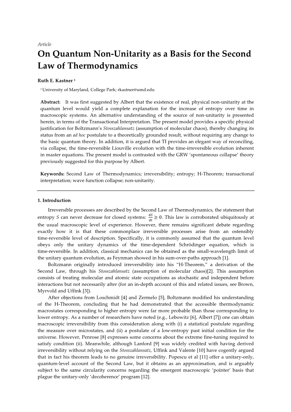 On Quantum Non-Unitarity As a Basis for the Second Law of Thermodynamics