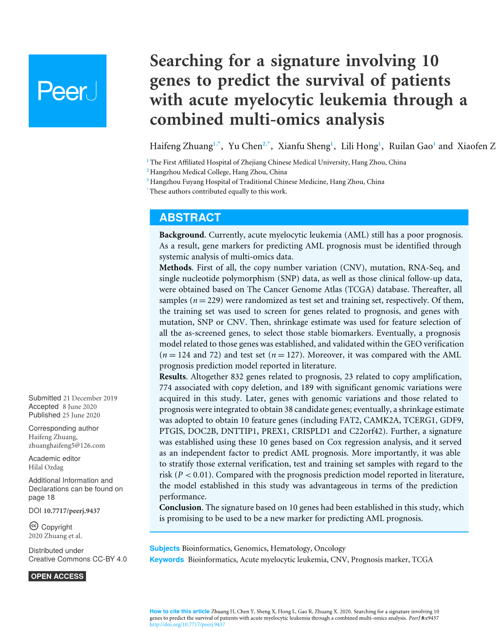 Searching for a Signature Involving 10 Genes to Predict the Survival of Patients with Acute Myelocytic Leukemia Through a Combined Multi-Omics Analysis