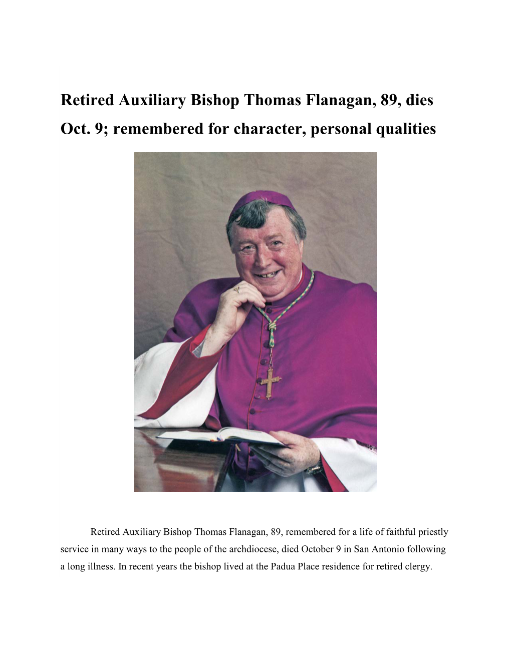 Retired Auxiliary Bishop Thomas Flanagan, 89, Dies Oct. 9; Remembered for Character, Personal Qualities