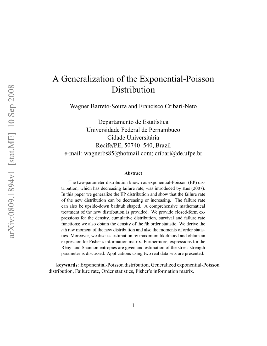 10 Sep 2008 a Generalization of the Exponential-Poisson Distribution