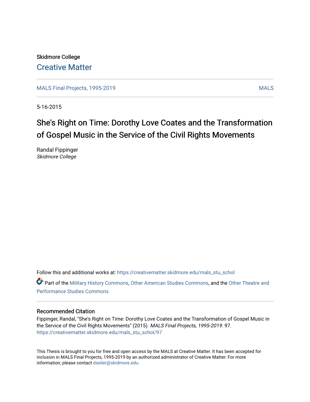 She's Right on Time: Dorothy Love Coates and the Transformation of Gospel Music in the Service of the Civil Rights Movements